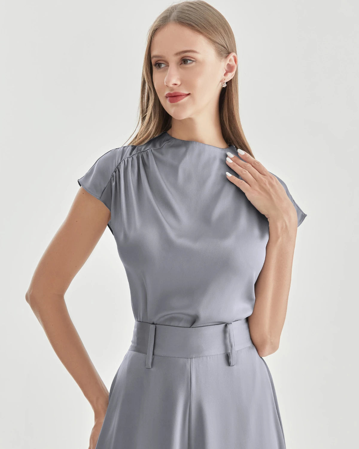 Stand Collar Cap Sleeve Silk Shirt