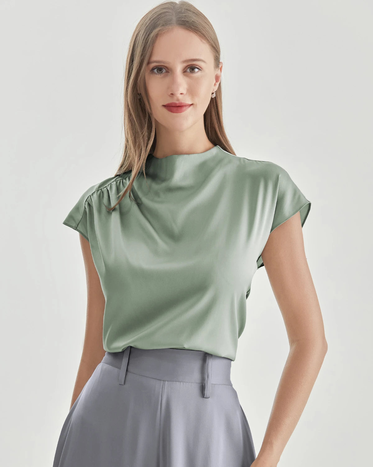 Stand Collar Cap Sleeve Silk Shirt