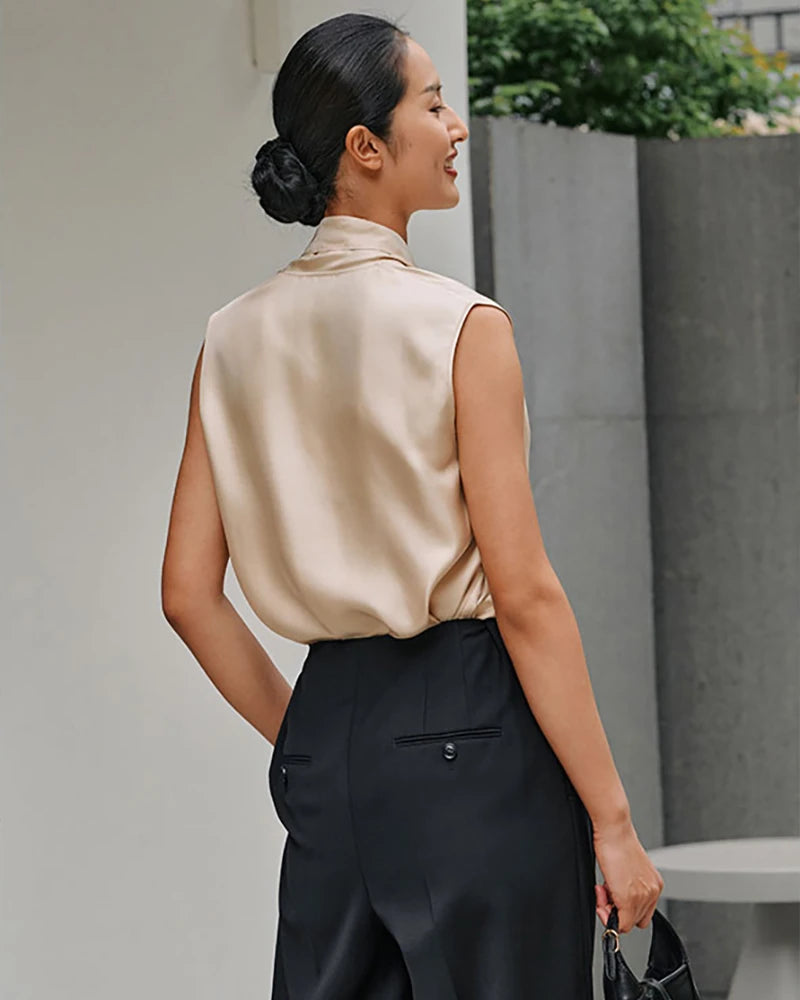 Tie Neck Sleeveless Silk Blouse