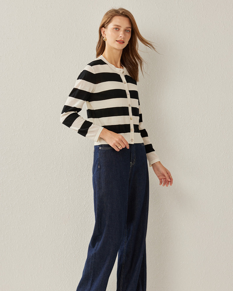 Striped Button Up Cashmere Cardigan