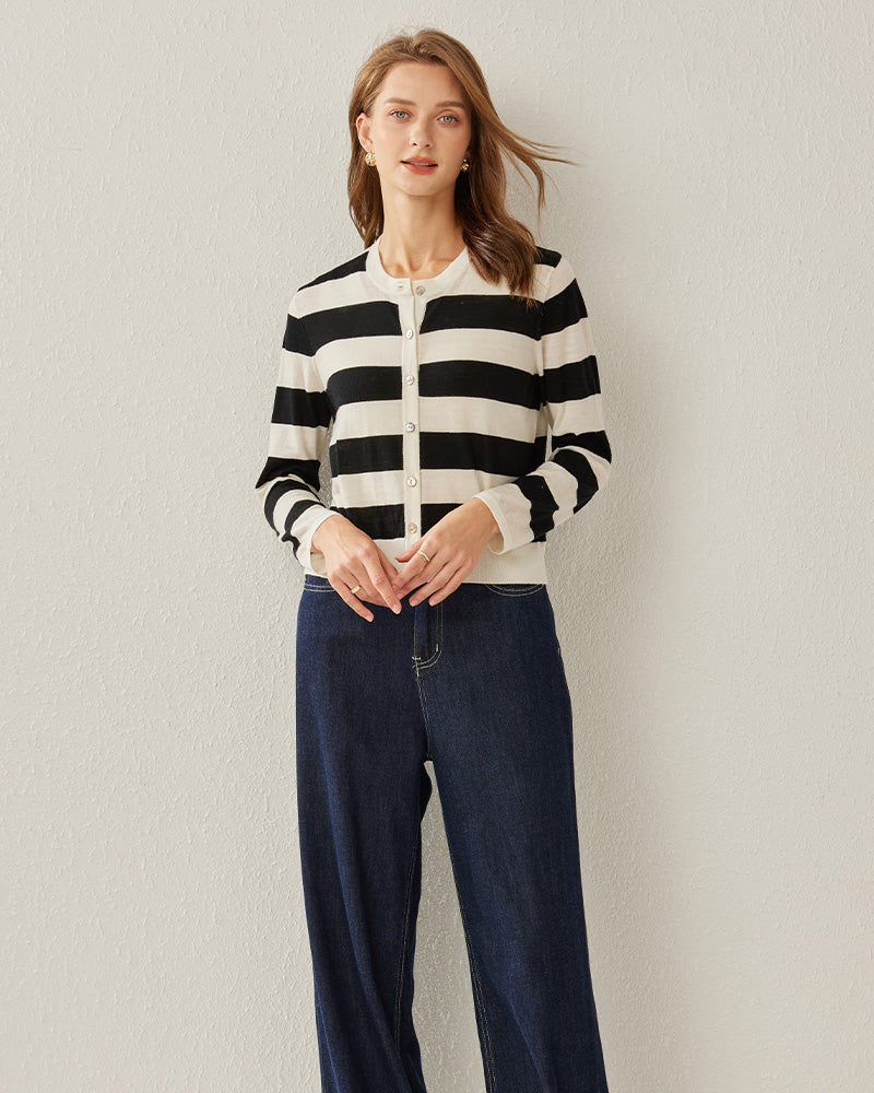 Striped Button Up Cashmere Cardigan