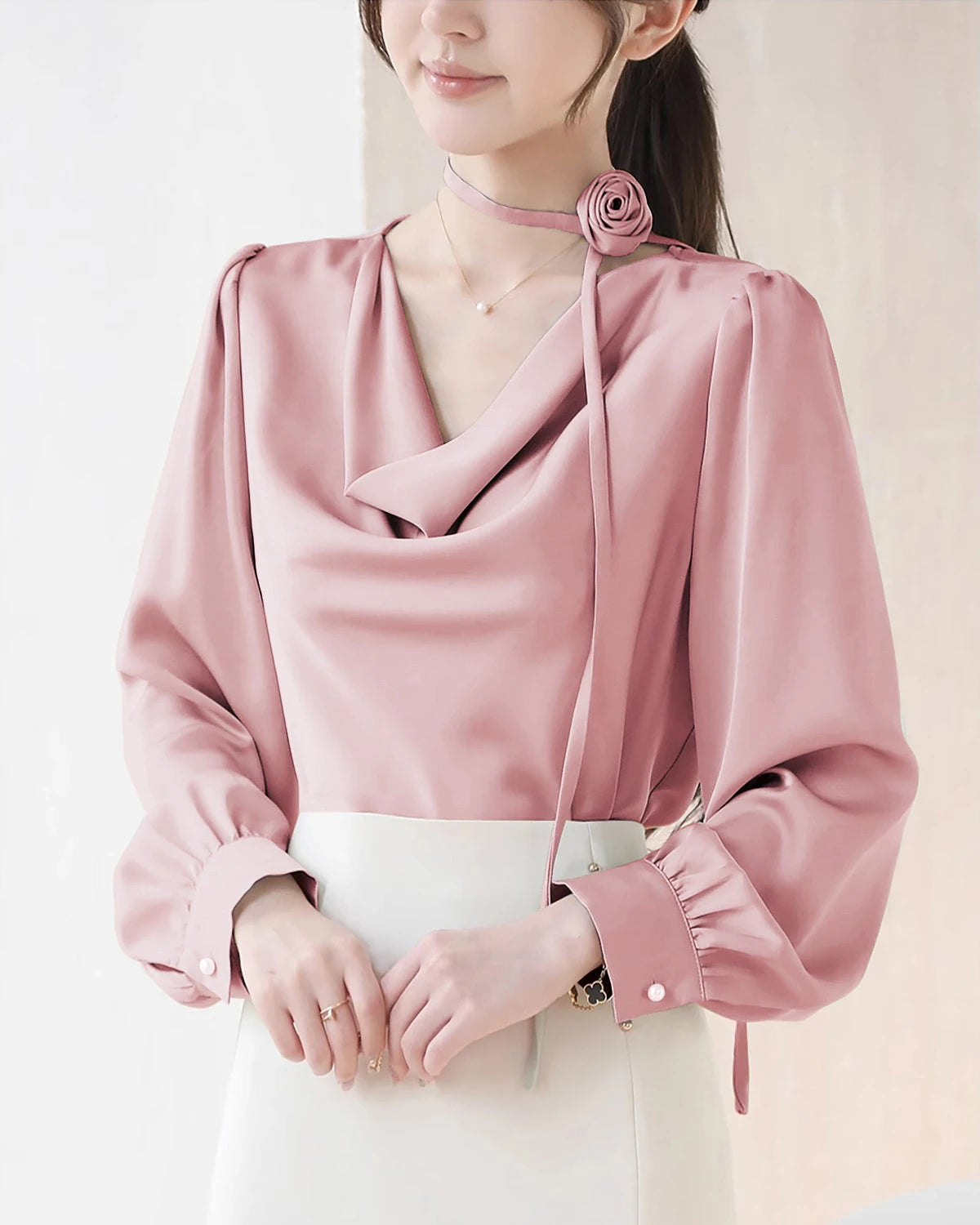 Elegant Draped Collar Silk Blouse