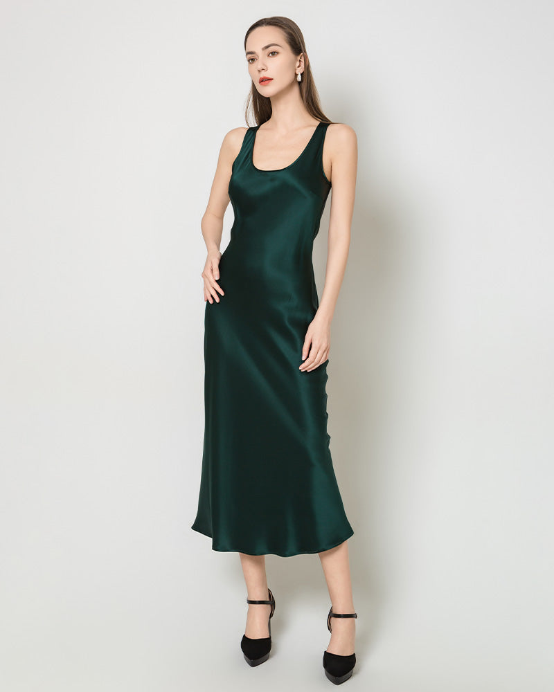 Silk Round Neck Cinched Waist Long Dress