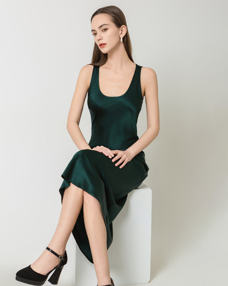 Silk Round Neck Cinched Waist Long Dress